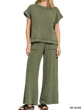 Zenana Washed Slub Short Sleeve Tee & Long Pants Set - Dark Olive